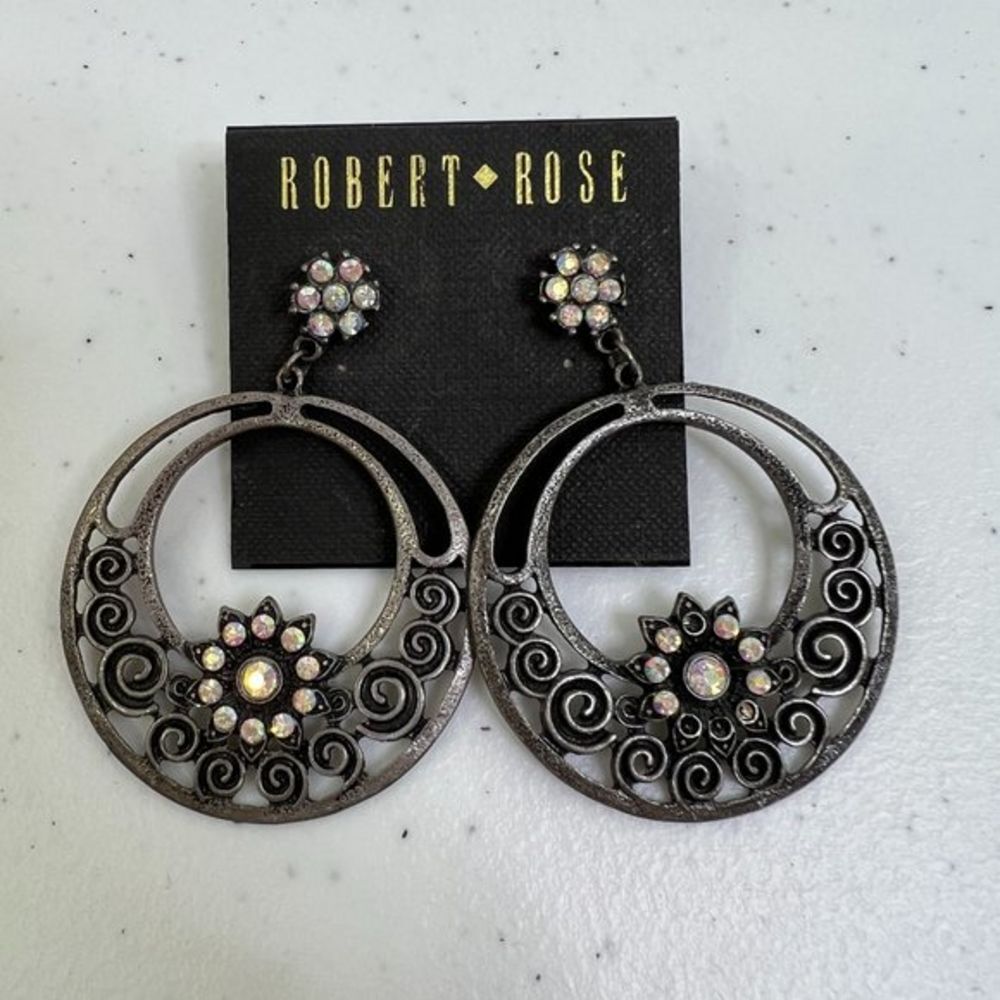 Robert Rose Earrings Rhinestone Dangle Statement Big Silver Tone Flower Swirl Ne